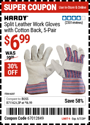 Harbor Freight Coupons, HF Coupons, 20% off - Split Leather Work Gloves 5 Pair