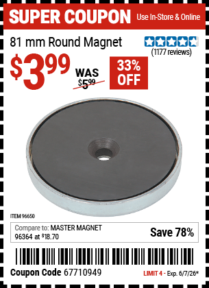 Harbor Freight Coupons, HF Coupons, 20% off - 81mm Round Magnet