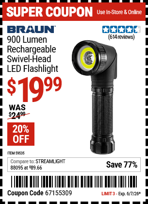 Harbor Freight Coupons, HF Coupons, 20% off - BRAUN 900 Lumen Rechargeable Swivel Head LED Flashlight for $17.99