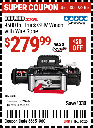 Harbor Freight Coupons, HF Coupons, 20% off - BADLAND ZXR 9500 lb. Truck/SUV Winch with Wire Rope 