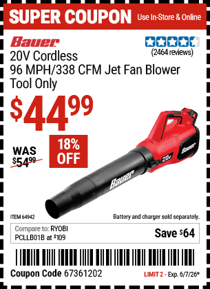 Harbor Freight Coupons, HF Coupons, 20% off - 20v Lithium Bauer Blower