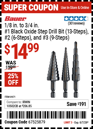 Harbor Freight Coupons, HF Coupons, 20% off - 3 Piece M2 Steel Black Oxide Step Bits