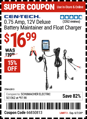 Harbor Freight Coupons, HF Coupons, 20% off - 12v Deluxe Battery Maintainer and Float Charger