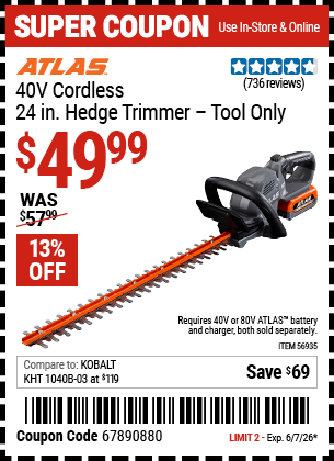 Harbor Freight Coupons, HF Coupons, 20% off - 40v Lithium-Ion Cordless 24 in.  Hedge Trimmer- Tool Only