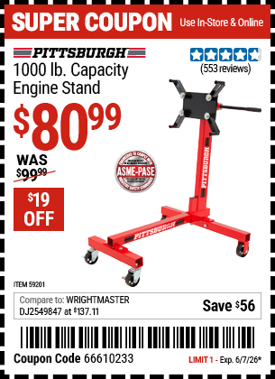 Harbor Freight Coupons, HF Coupons, 20% off - PITTSBURGH 1000 lb. Capacity Engine Stand 