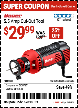 Harbor Freight Coupons, HF Coupons, 20% off - BAUER 5.5 Amp Cut-out Tool for $29.99