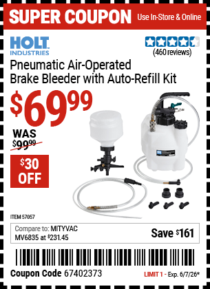 Harbor Freight Coupons, HF Coupons, 20% off - Pneumatic Air Operated Brake Bleeder with Auto Refill Kit