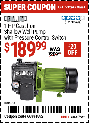 Harbor Freight Coupons, HF Coupons, 20% off - DRUMMOND 1 HP Cast Iron Shallow Well Pump with Pressure Control Switch for $189.99