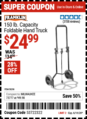 Harbor Freight Coupons, HF Coupons, 20% off - FRANKLIN 150 lb. Capacity Foldable Hand Truck 