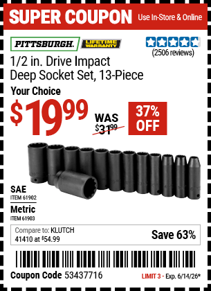 Harbor Freight Coupons, HF Coupons, 20% off - 13 Pieces, 1/2