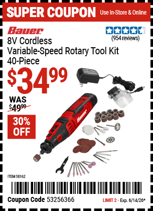 Harbor Freight Coupons, HF Coupons, 20% off - BAUER 8V Cordless Variable Speed Rotary Tool Kit 