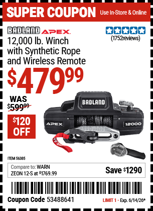 Harbor Freight Coupons, HF Coupons, 20% off - Badland Apex 12,000 Lb. Truck/suv Winch