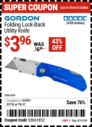 Harbor Freight Coupons, HF Coupons, 20% off - Folding Locking Back Utility Knife