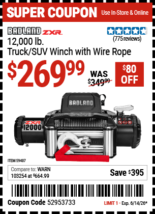Harbor Freight Coupons, HF Coupons, 20% off - BADLAND ZXR 12 -000 lb. Truck/SUV Winch with Wire Rope 
