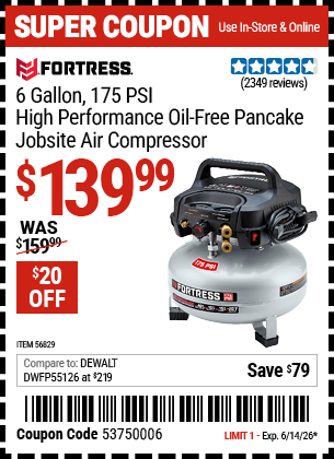 Harbor Freight Coupons, HF Coupons, 20% off - FORTRESS 6 Gallon 175 PSI High Performance Hand Carry Jobsite Air Compressor for $119.99