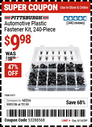 Harbor Freight Coupons, HF Coupons, 20% off - PITTSBURGH Automotive Plastic Fastener Kit for $13.99