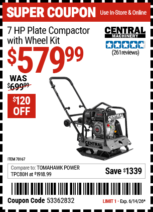 Harbor Freight Coupons, HF Coupons, 20% off - CENTRAL MACHINERY 6.5 HP Plate Compactor with Wheel Kit for $629.99