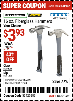 Harbor Freight Coupons, HF Coupons, 20% off - 16 Oz. Fiberglass Handle Hammers