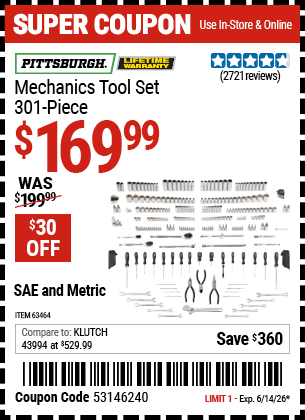 Harbor Freight Coupons, HF Coupons, 20% off - 301 Piece Master Mechanic's Tool Kit