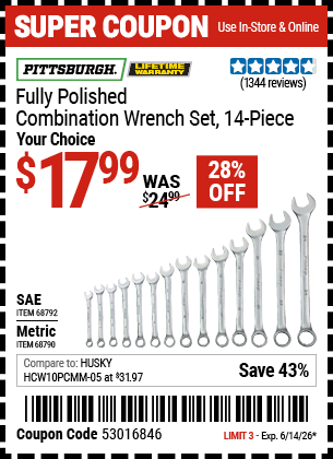 Harbor Freight Coupons, HF Coupons, 20% off - 14 Piece Fully Polished Combination Wrench Sets