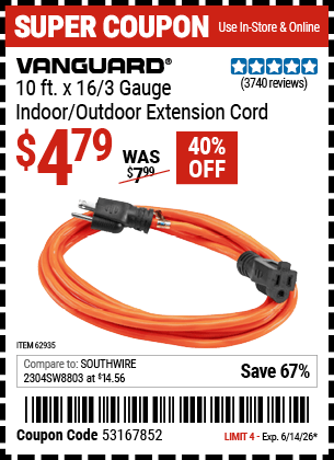 Harbor Freight Coupons, HF Coupons, 20% off - 10ft.x16 Gauge Indoor/outdoor Extension Cord