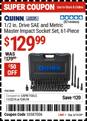 Harbor Freight Coupons, HF Coupons, 20% off - QUINN 1/2 in. Drive SAE & Metric Master Impact Socket Set 