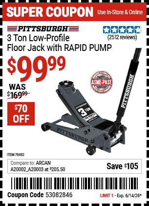 Harbor Freight Coupons, HF Coupons, 20% off - PITTSBURGH 3-Ton Low-Profile Floor Jack with RAPID PUMP 
