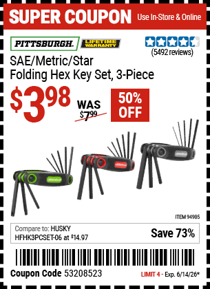 Harbor Freight Coupons, HF Coupons, 20% off - Sae/metric/torx Folding Hex Key Set Pack Of 3