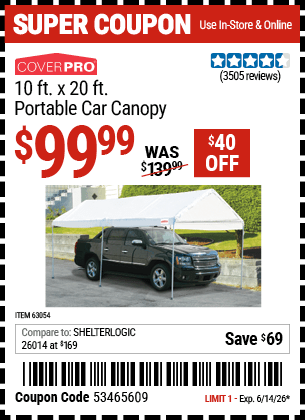 Harbor Freight Coupons, HF Coupons, 20% off - 10 Ft X 20 Ft Car Canopy