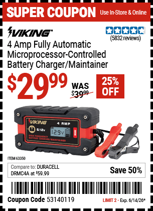 Harbor Freight Coupons, HF Coupons, 20% off - 4 Amp Fully Automatic Microprocessor Controlled Battery Charger/maintainer