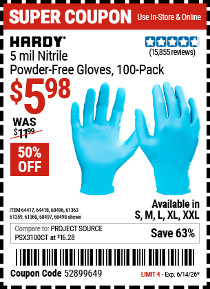 Harbor Freight Coupons, HF Coupons, 20% off - HARDY 5 Mil Nitrile Powder-Free Gloves 100 Pc for $5.99