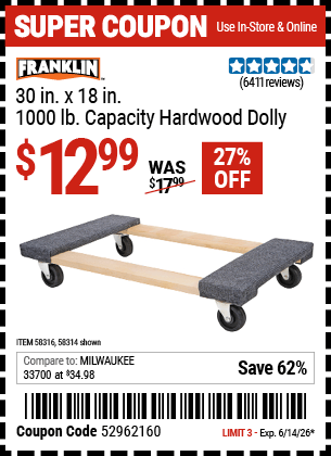 Harbor Freight Coupons, HF Coupons, 20% off - FRANKLIN 30 in. x 19 in. 1000 lb. Capacity Hardwood Dolly 