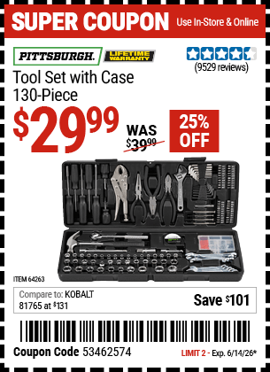 Harbor Freight Coupons, HF Coupons, 20% off - 130 Piece Tool Kit With Case