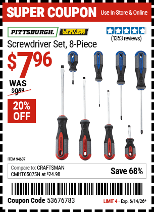 Harbor Freight Coupons, HF Coupons, 20% off - 8 Piece Professional Screwdriver Set