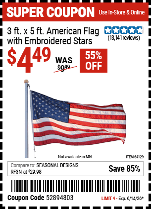 Harbor Freight Coupons, HF Coupons, 20% off - 3 Ft. X 5 Ft. American Flag With Embroidered Stars