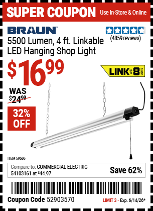 Harbor Freight Coupons, HF Coupons, 20% off - BRAUN 5500 Lumen 4 ft. Linkable LED Hanging Shop Light 