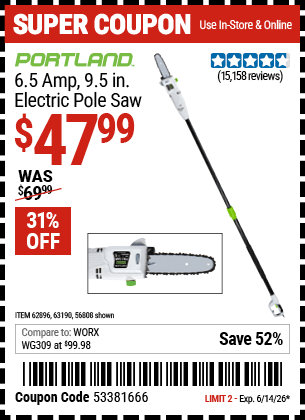 Harbor Freight Coupons, HF Coupons, 20% off - 7 Amp 1.5 Hp Electric Pole Saw