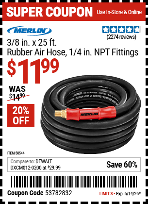 Harbor Freight Coupons, HF Coupons, 20% off - MERLIN 3/8 in. x 25 ft. Rubber Air Hose for $11.99