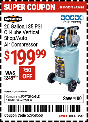 Harbor Freight Coupons, HF Coupons, 20% off - Mcgraw 20 Gallon, 135 Psi Oil-lube Air Compressor