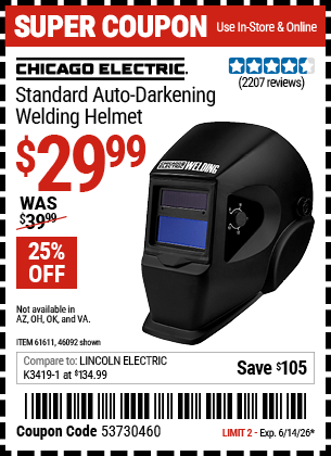 Harbor Freight Coupons, HF Coupons, 20% off - Adjustable Shade Auto-darkening Welding Helmet