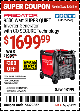 Harbor Freight Coupons, HF Coupons, 20% off - PREDATOR 9500 Watt SUPER QUIET Inverter Generator with CO SECURE Technology 