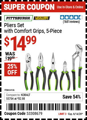 Harbor Freight Coupons, HF Coupons, 20% off - 5 Piece Pliers Set With Comfort Grips
