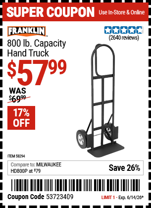 Harbor Freight Coupons, HF Coupons, 20% off - FRANKLIN 800 lb. Capacity Hand Truck 