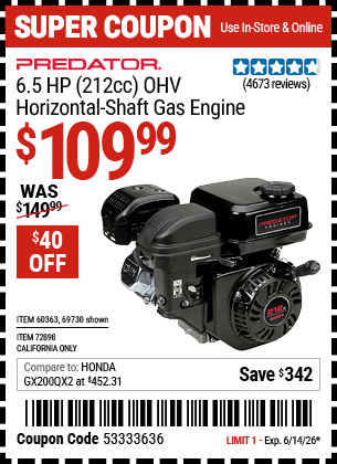 Harbor Freight Coupons, HF Coupons, 20% off - 6.5 Hp (212 Cc) Ohv Horizontal Shaft Gas Engines