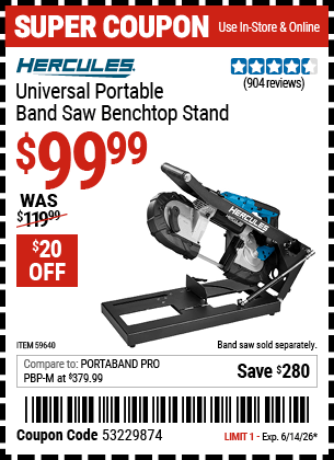 Harbor Freight Coupons, HF Coupons, 20% off - HERCULES Universal Portable Band Saw Benchtop Stand 