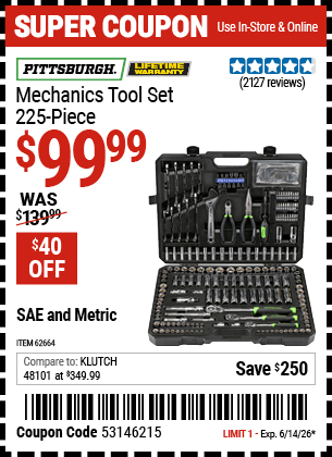 Harbor Freight Coupons, HF Coupons, 20% off - 225 Piece Mechanic's Tool Kit