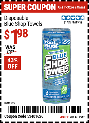 Harbor Freight Coupons, HF Coupons, 20% off - Disposable Blue Shop Towels