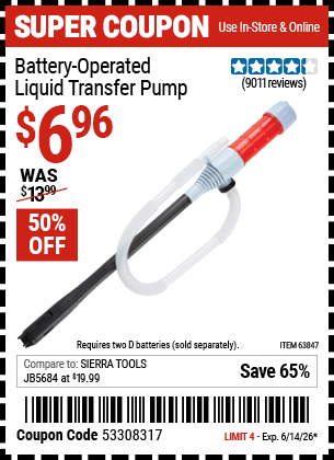 Harbor Freight Coupons, HF Coupons, 20% off - Battery Operated Liquid Transfer Pump