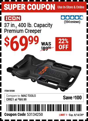 Harbor Freight Coupons, HF Coupons, 20% off - ICON 37 in. 400 lb. Capacity Premium Creeper for $74.99
