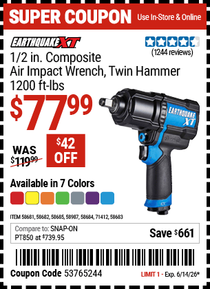 Harbor Freight Coupons, HF Coupons, 20% off - EARTHQUAKE 1/2 in. Composite Xtreme Torque Air Impact Wrench 